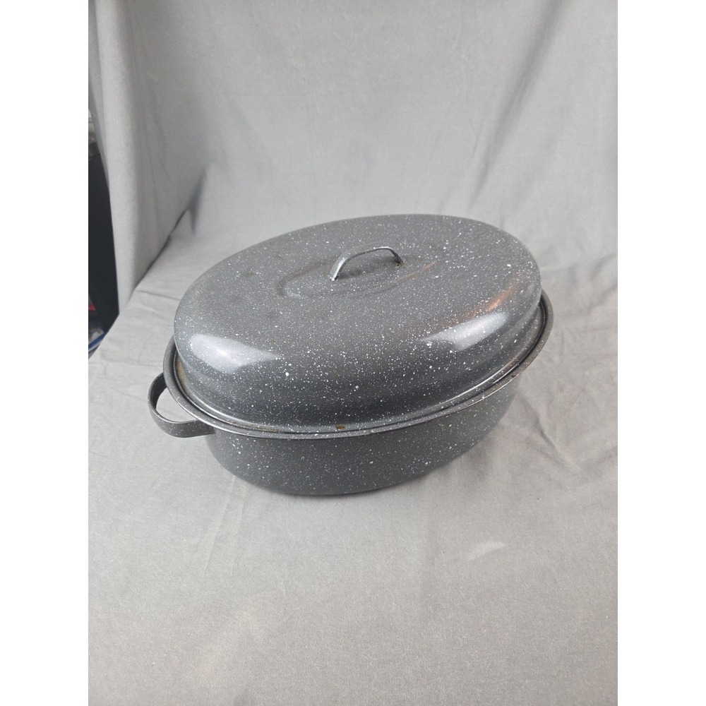 Enamelware Roaster Gray Speckled Oval‎ USA Large 16.5"x 12.5" Vintage 1960's